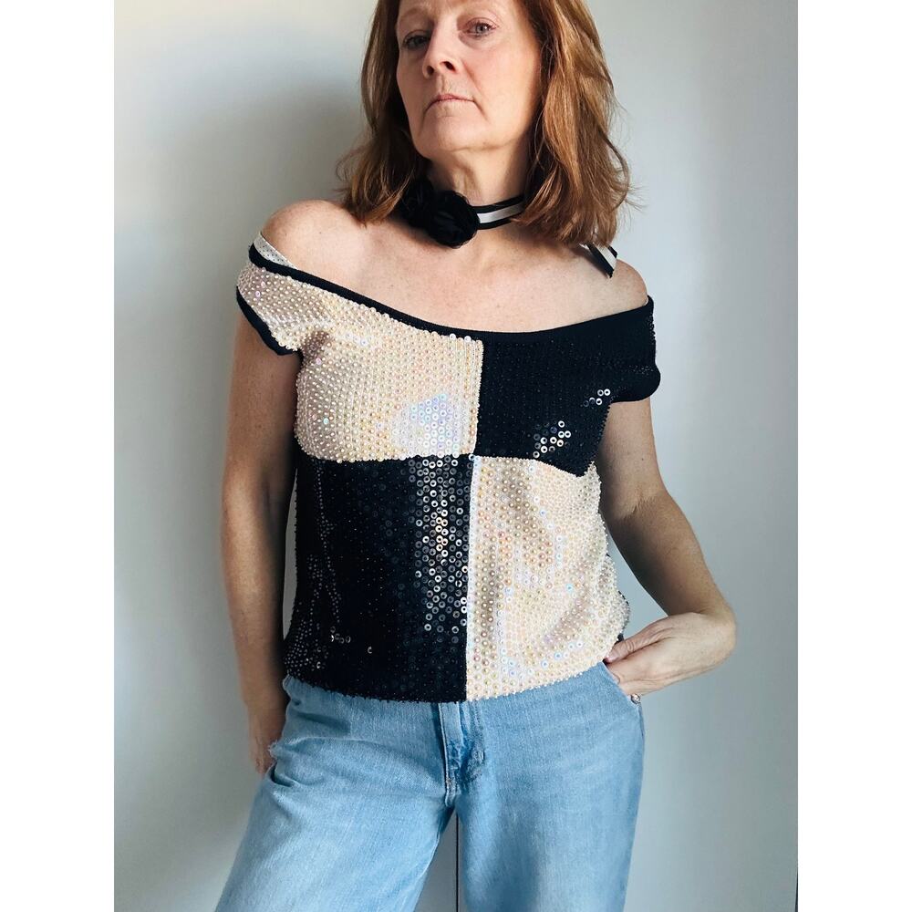 Vintage 90s Sequin Sweater Vest Black White Embellished  size Medium Knit